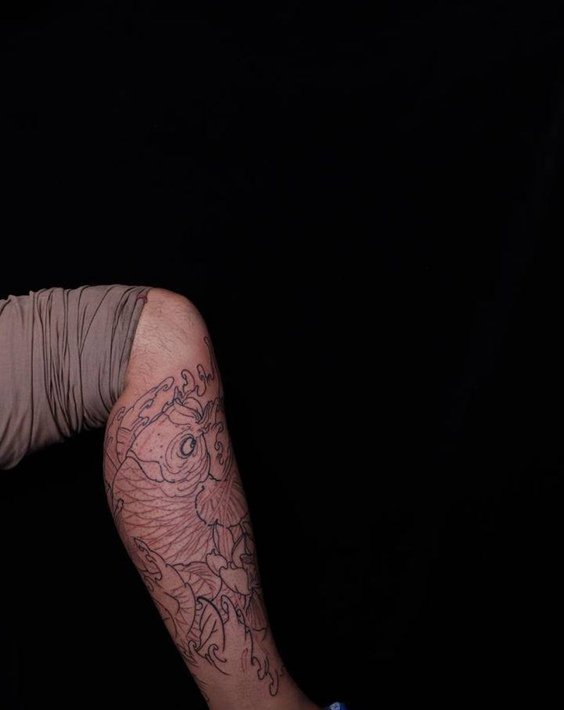 鱼-线条纹身图片_腿部新传统纹身图案