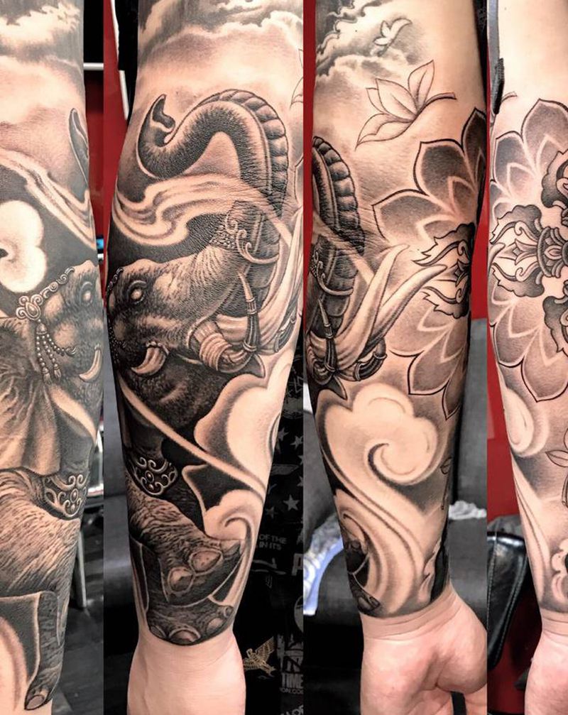 六牙神象纹身图片_臀部手臂新传统纹身图案