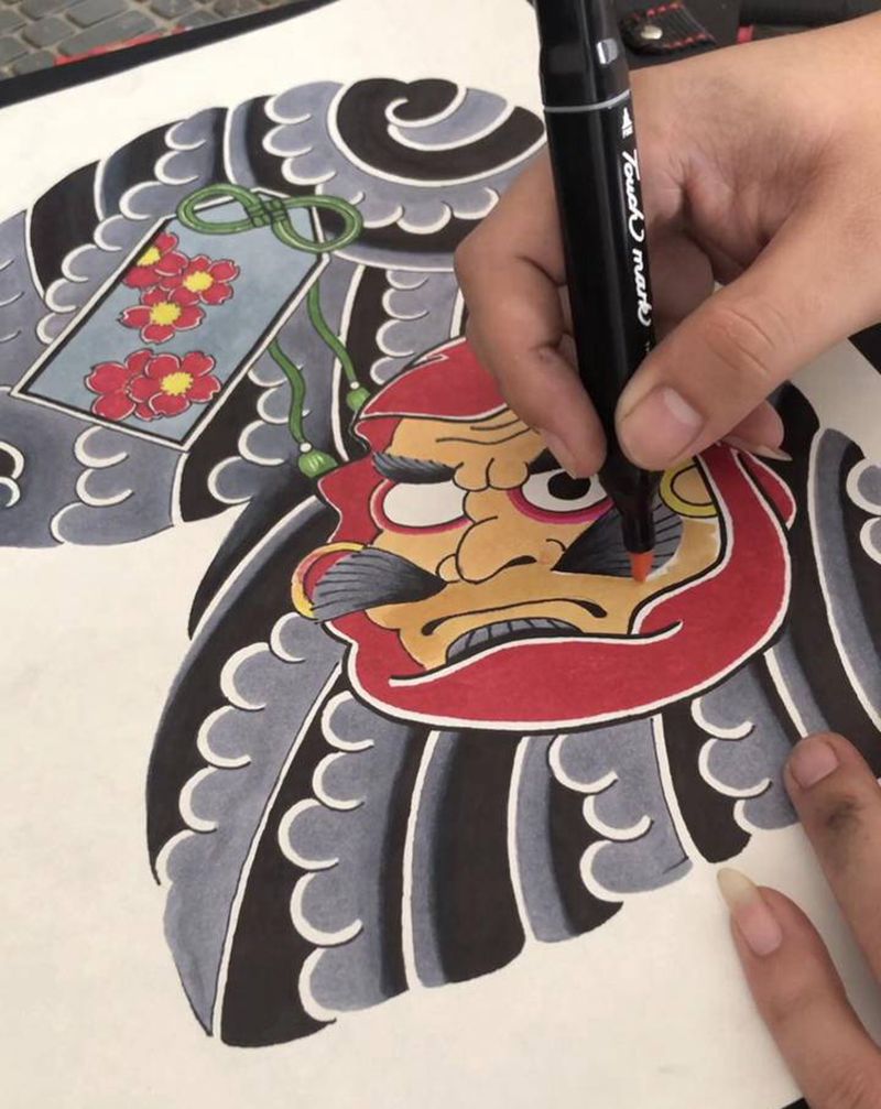 原创老传统手稿纹身图片_肩部手臂老传统纹身图案