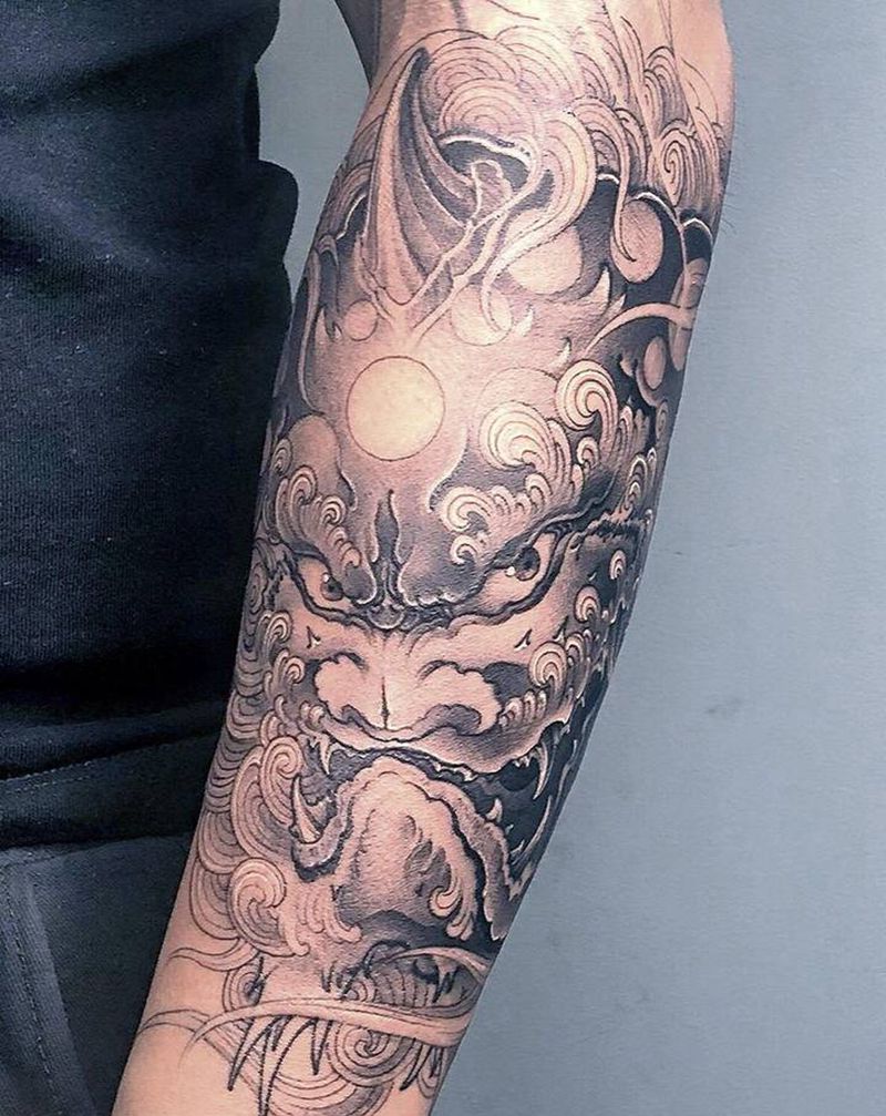 唐狮子纹身图片_手臂新传统纹身图案