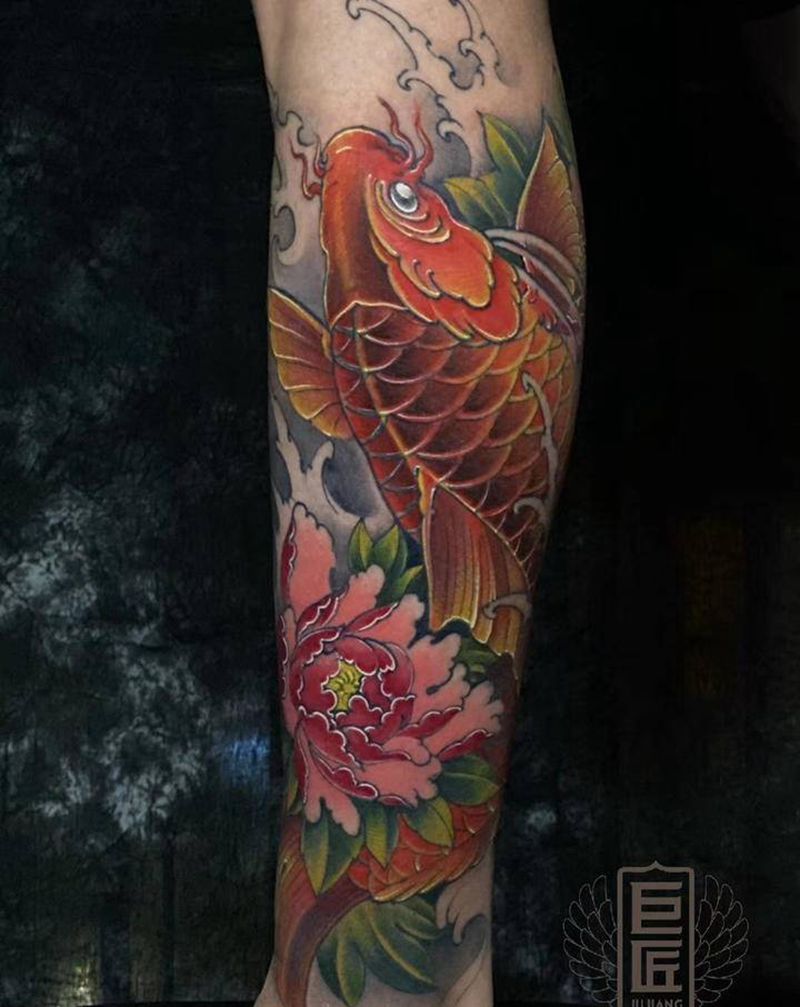 “富贵有余”纹身图片_腿部新传统水彩纹身图案
