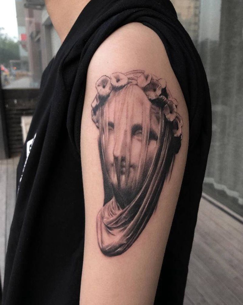 欧美石膏面纱女纹身图片_手臂肩部欧美写实石膏像写实欧美写实纹身图案