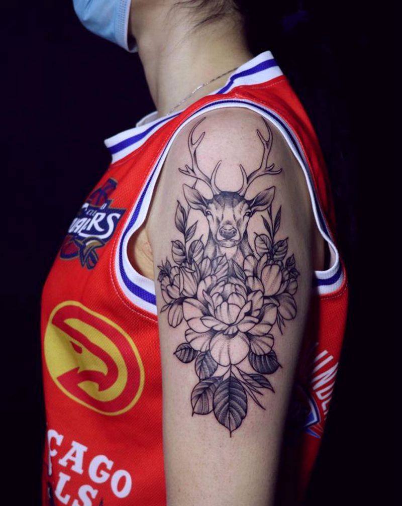 素花#鹿纹身图片_手臂肩部点刺纹身图案