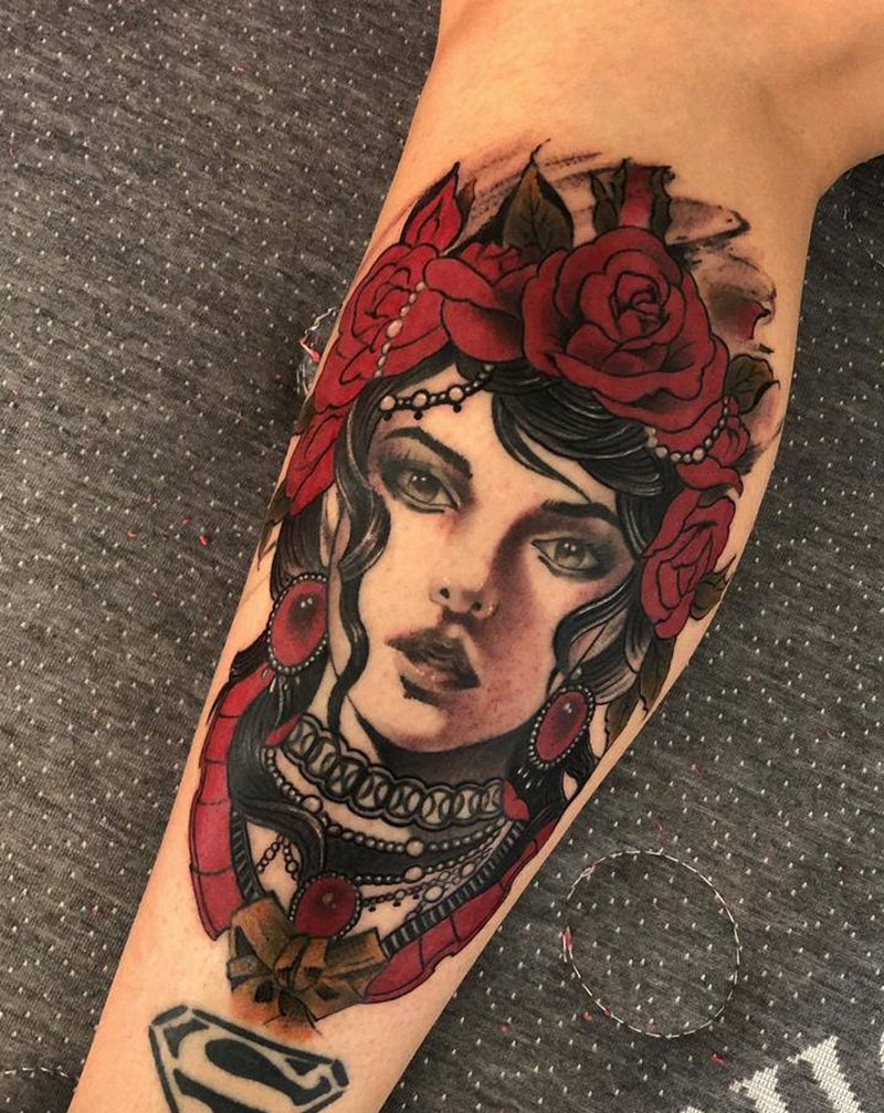 小腿school女郎纹身图片_腿部手臂新传统New School女郎艺妓纹身图案