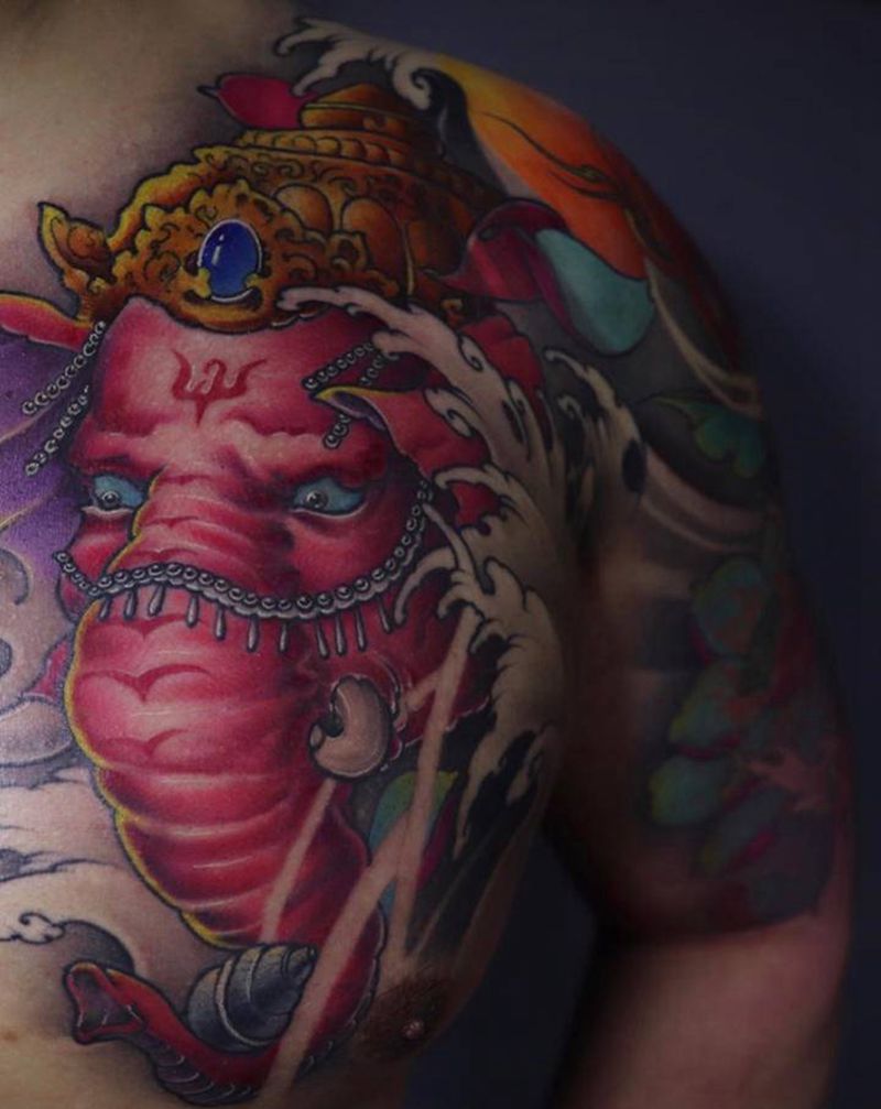 象神纹身图片_胸部新传统纹身图案