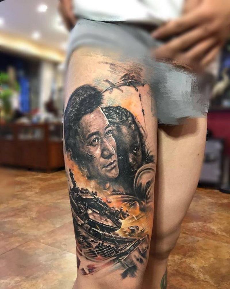 战狼纹身图片_腿部欧美写实纹身图案