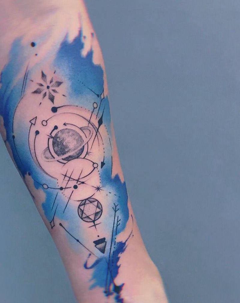 水墨星空几何纹身图片_手臂水墨水彩纹身图案