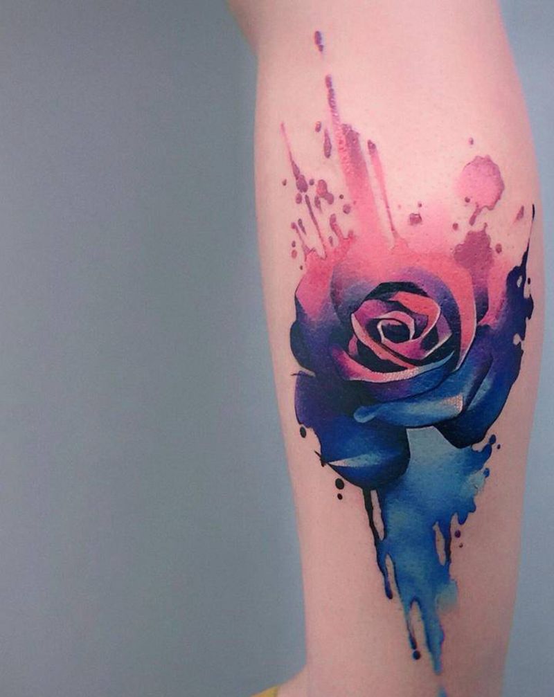 水墨玫瑰纹身图片_手臂腿部水彩水墨纹身图案