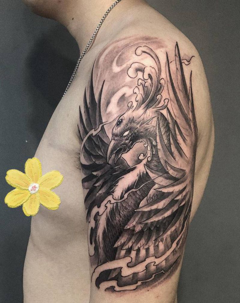传统凤凰纹身图片_肩部手臂老传统新传统凤凰纹身图案