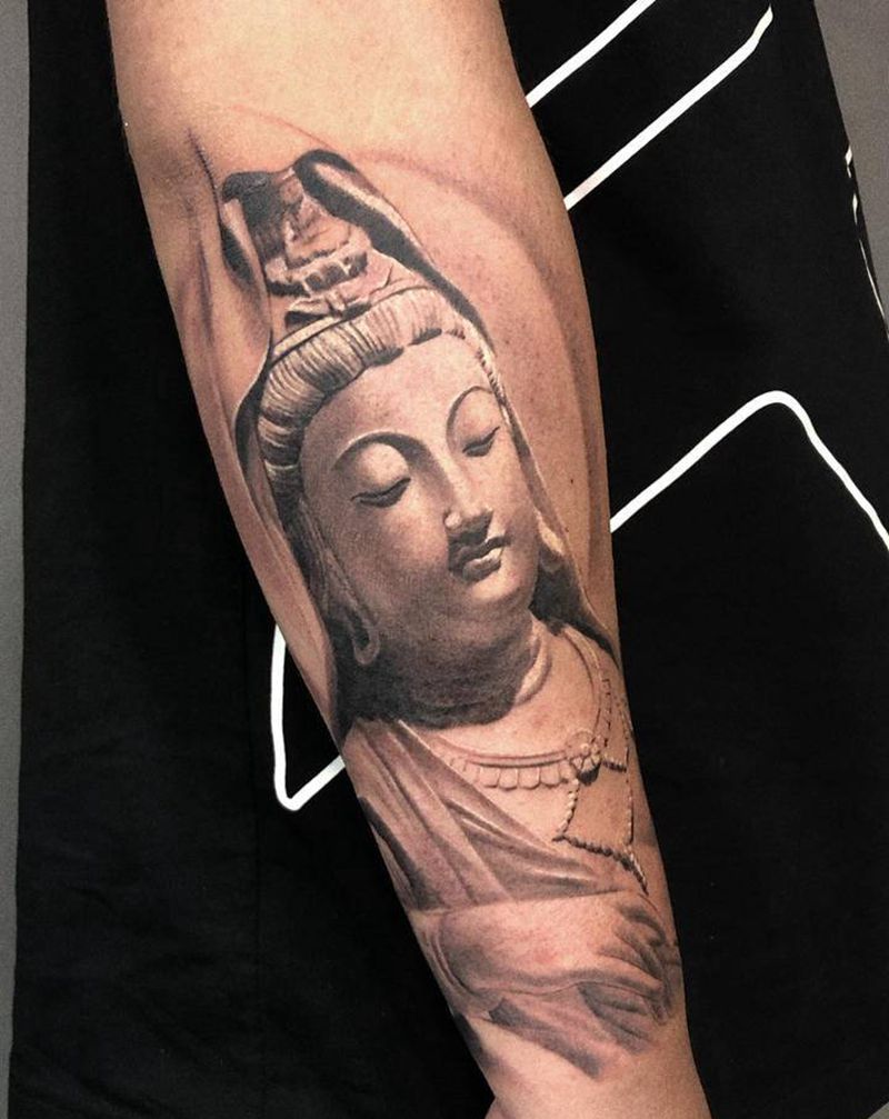 小臂佛纹身图片_手臂腿部欧美写实新传统观音菩萨纹身图案