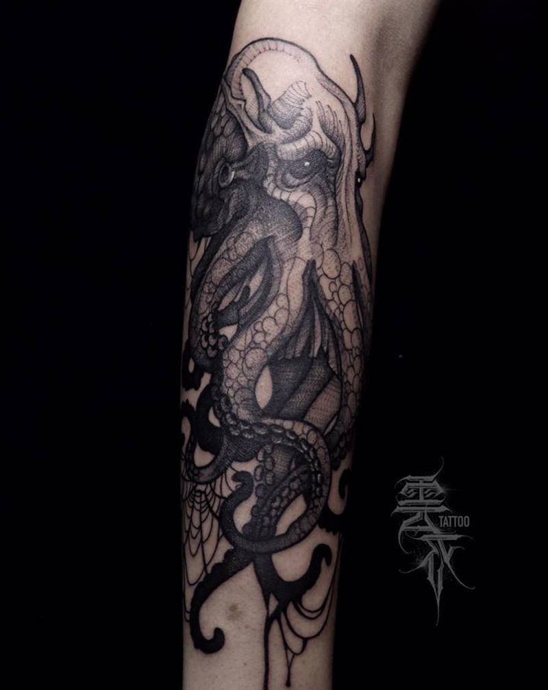 暗黑章鱼纹身图片_手臂点刺水墨章鱼纹身图案