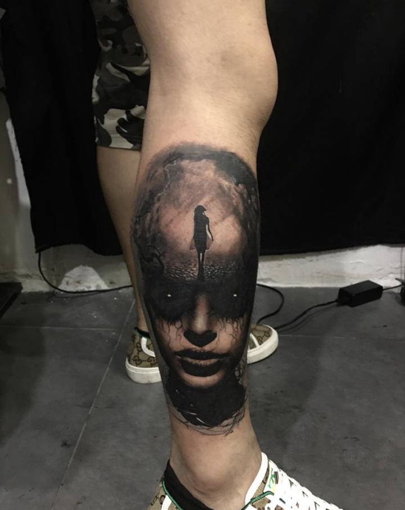 欧美写实纹身图片_腿部欧美写实纹身图案