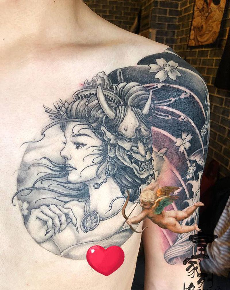 接半甲艺姬【未提白】纹身图片_胸部新传统艺姬纹身图案