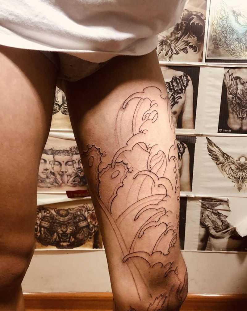 大腿线条纹身图片_新传统纹身图案