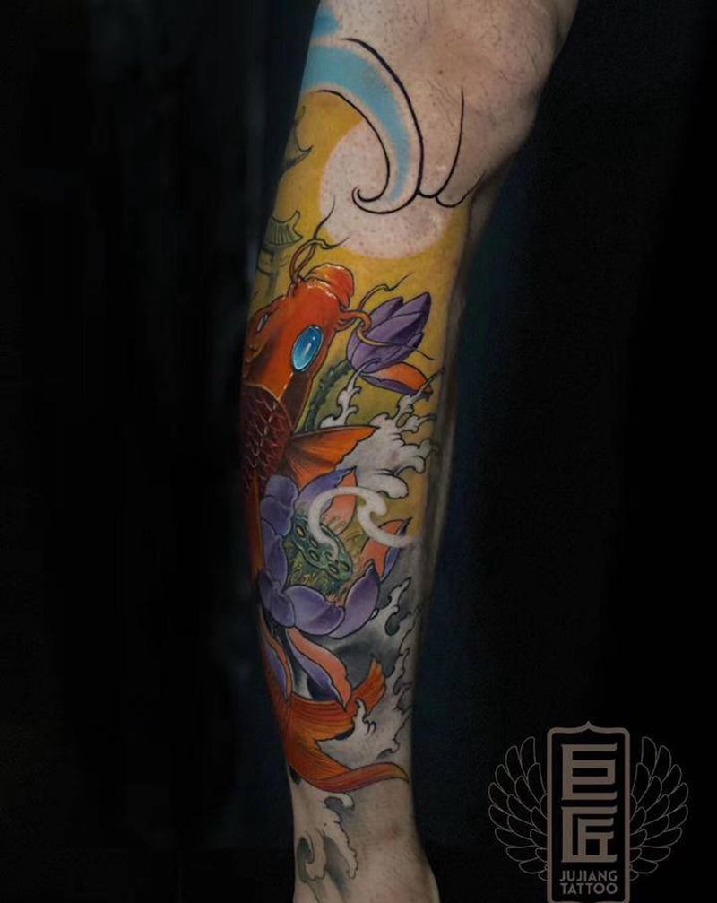 跃龙门纹身图片_腿部新传统纹身图案