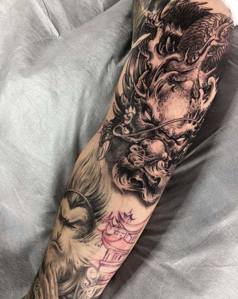 花臂龙纹身图片_手臂腿部老传统新传统龙猴子花臂纹身图案
