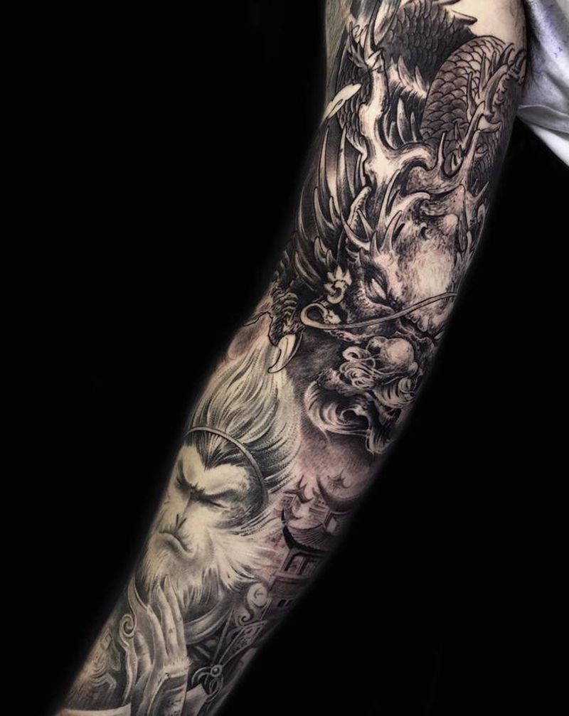 传统龙与猴子纹身图片_手臂新传统猴子龙纹身图案