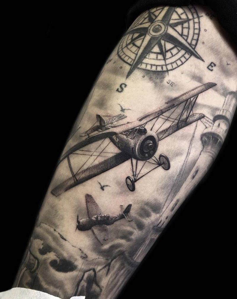 添加飞机纹身图片_手臂腿部欧美写实飞机纹身图案