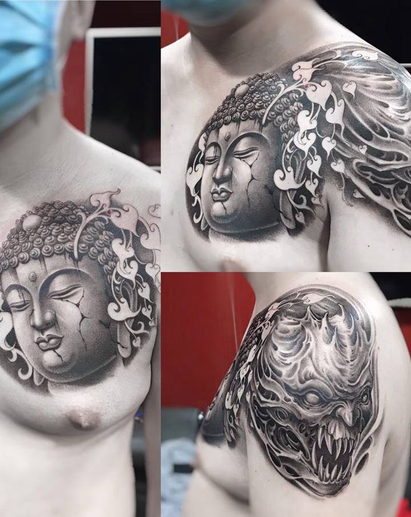 佛与魔纹身图片_胸部手臂新传统纹身图案