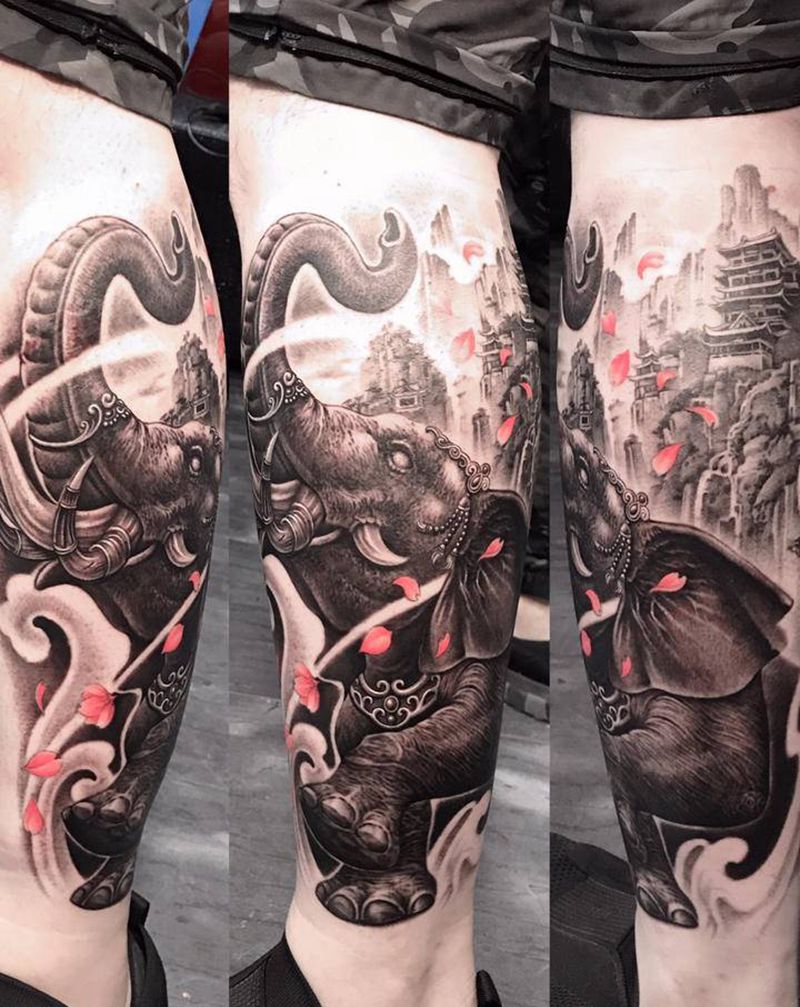 六牙神象纹身图片_腿部新传统纹身图案