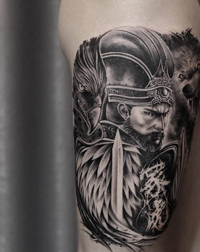 司马懿纹身图片_腿部欧美写实新传统司马懿三国纹身图案