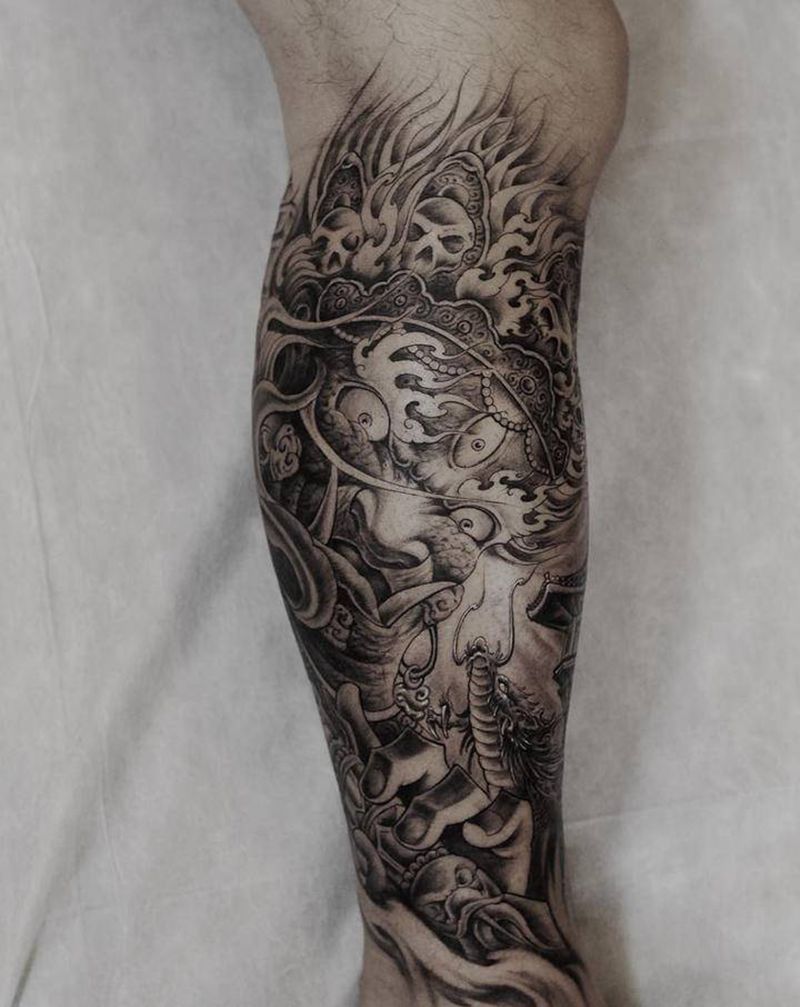 包小腿菩萨大黑天纹身图片_腿部新传统大黑天菩萨纹身图案