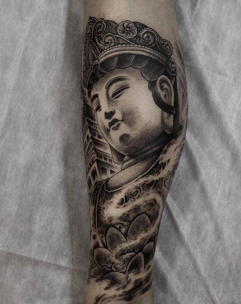 菩萨苦行僧纹身图片_腿部新传统菩萨苦行僧纹身图案