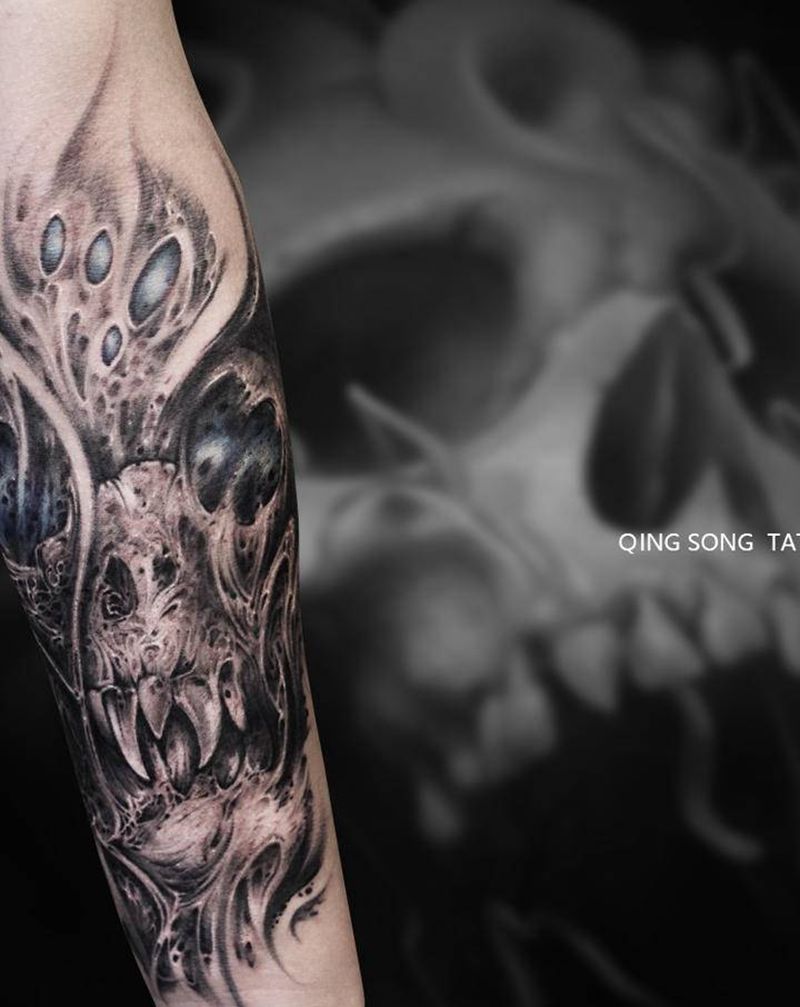 暗黑风格骷髅纹身图片_手部手臂欧美写实水墨暗黑纹身图案