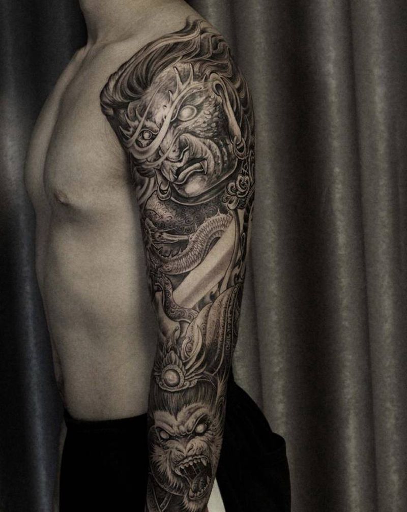 花臂不动明王菩萨纹身图片_手臂新传统欧美写实纹身图案