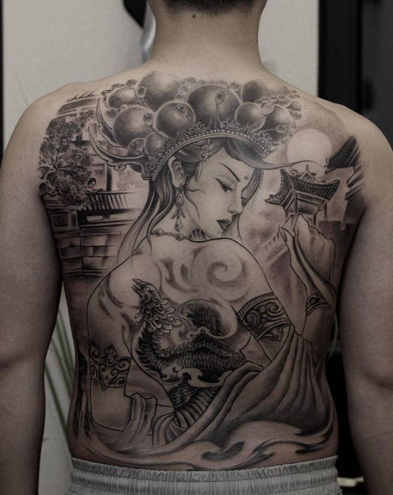 满背作品纹身图片_背部新传统欧美写实纹身图案