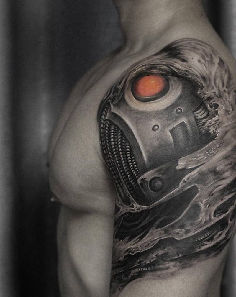 生化机械纹身图片_肩部手臂欧美写实暗黑纹身图案