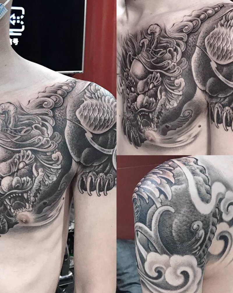 貔貅纹身图片_肩部胸部新传统纹身图案