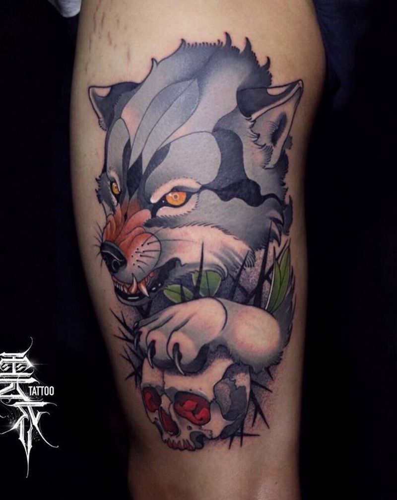 饿狼传说纹身图片_腿部New School纹身图案