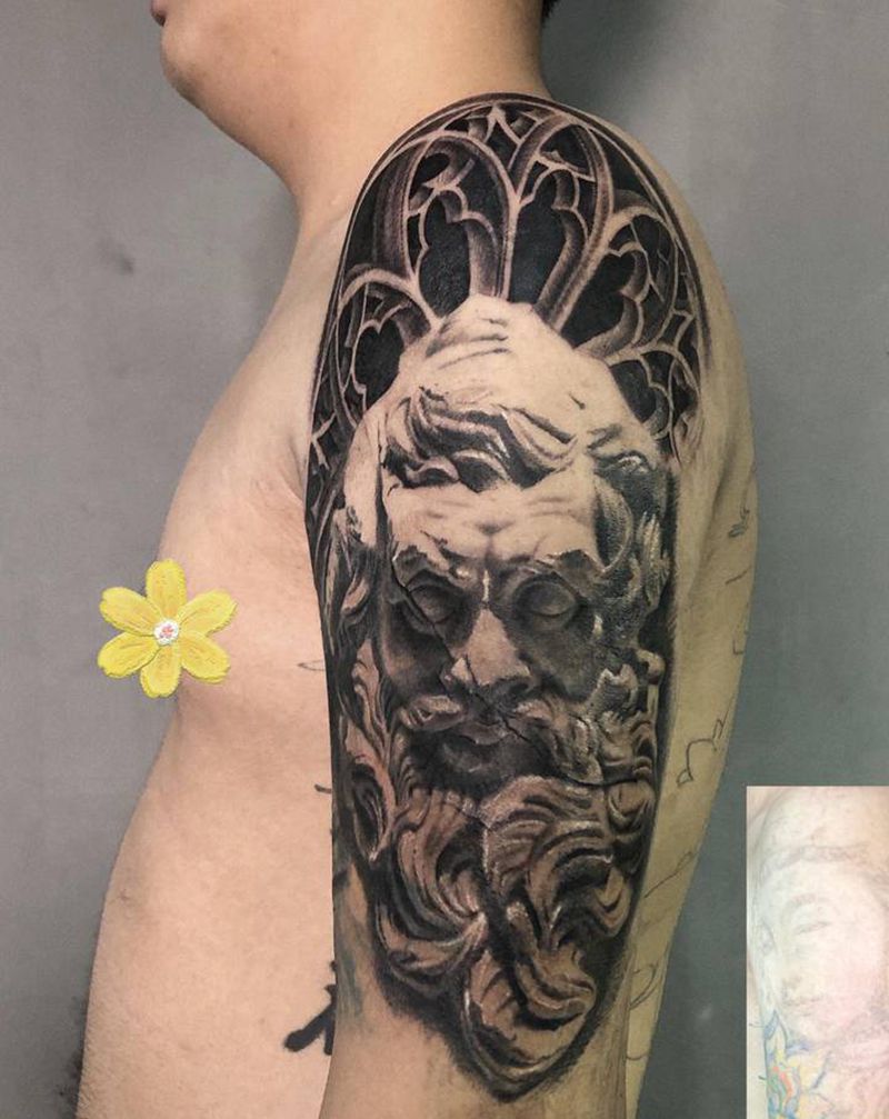 波塞冬遮盖大佛纹身图片_手臂肩部欧美写实波塞冬欧美写实海神波塞冬纹身图案