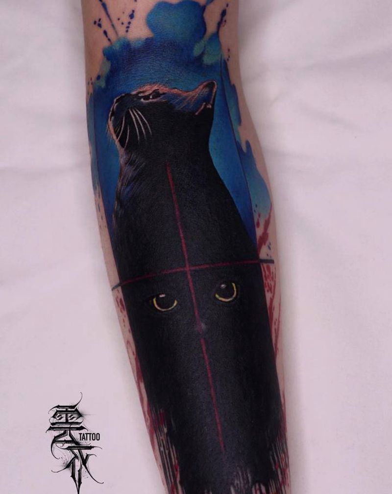 黑猫#暴力遮盖纹身图片_手臂水墨New School纹身图案