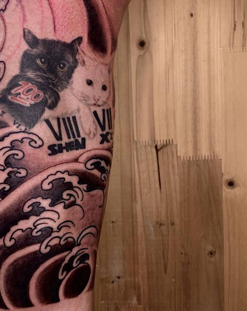 浪花拼接未完成纹身图片_腿部老传统新传统纹身图案