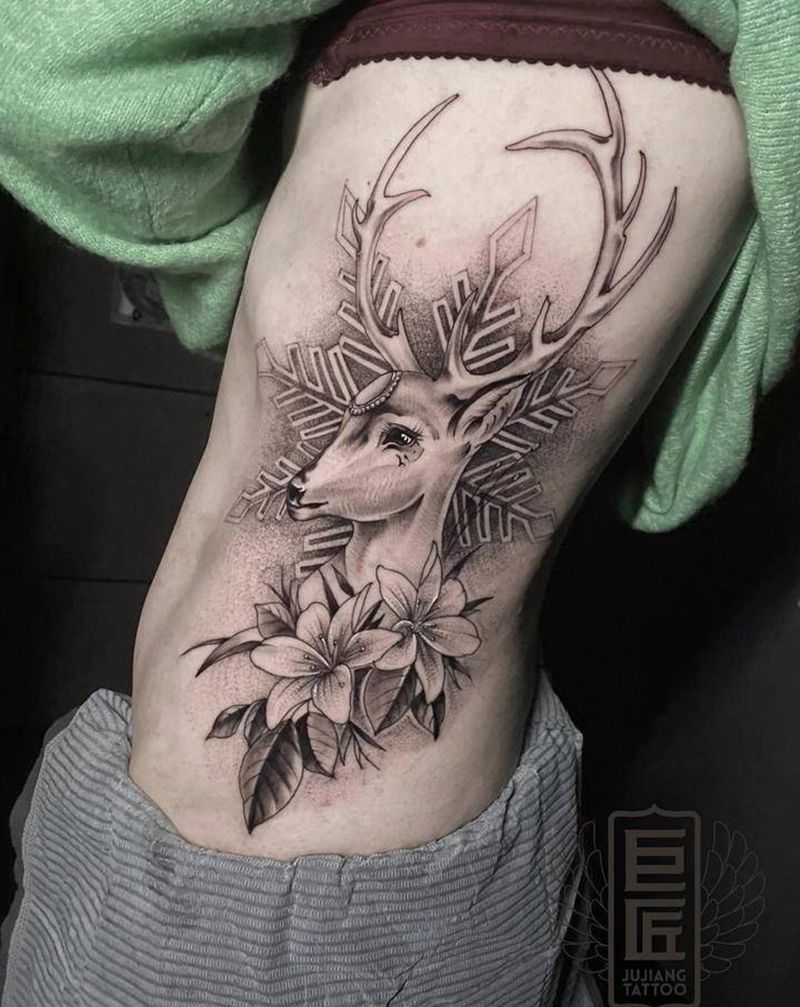 鹿、山、雪花纹身图片_背部新传统纹身图案
