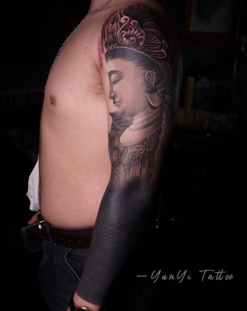 菩提接黑臂纹身图片_手臂新传统纹身图案