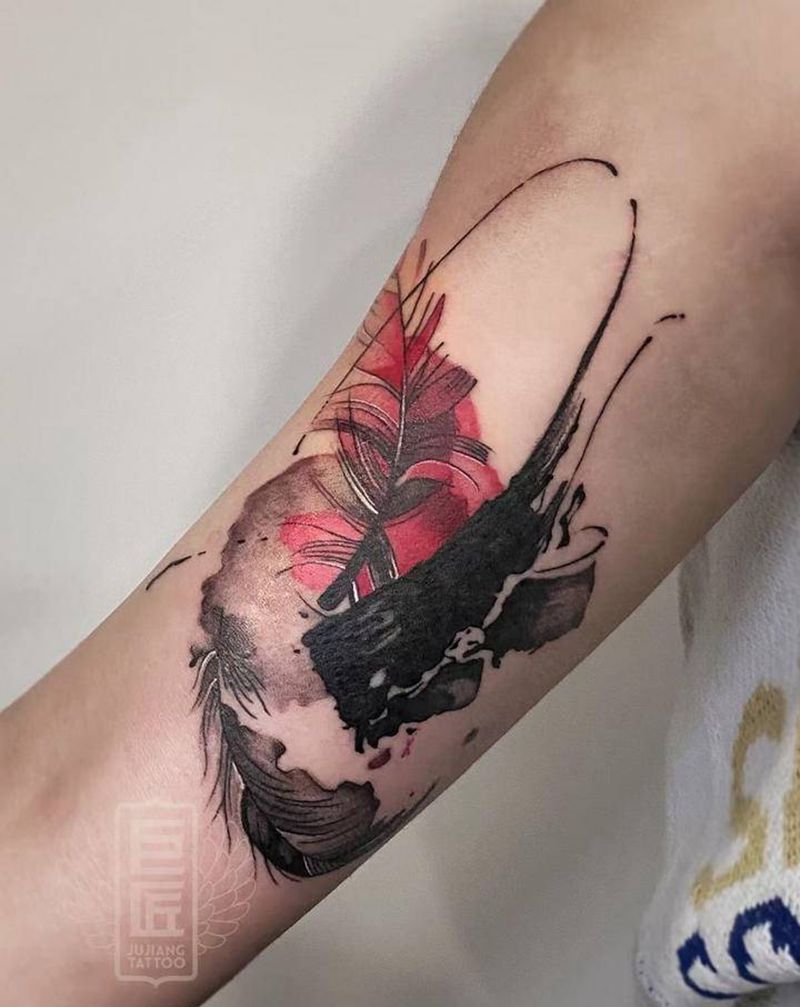 遮盖作品纹身图片_手臂水墨羽毛纹身图案