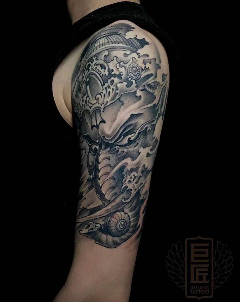 大臂象神纹身图片_手臂新传统象神纹身图案