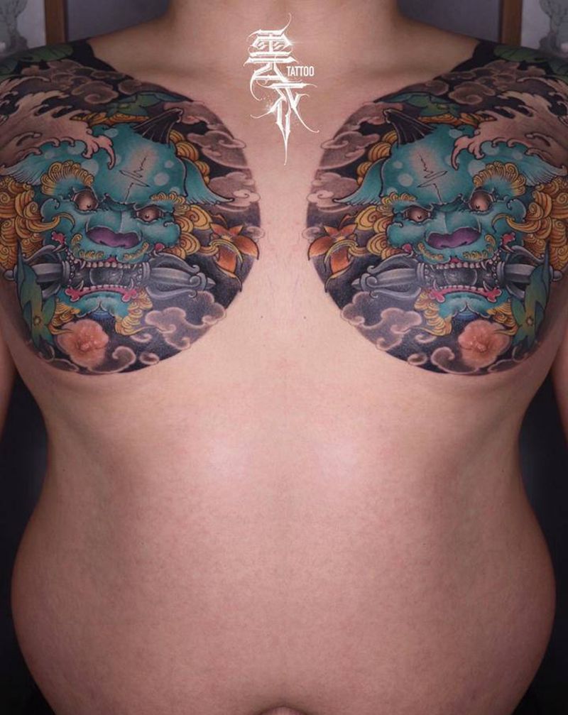 唐狮纹身图片_胸部新传统纹身图案