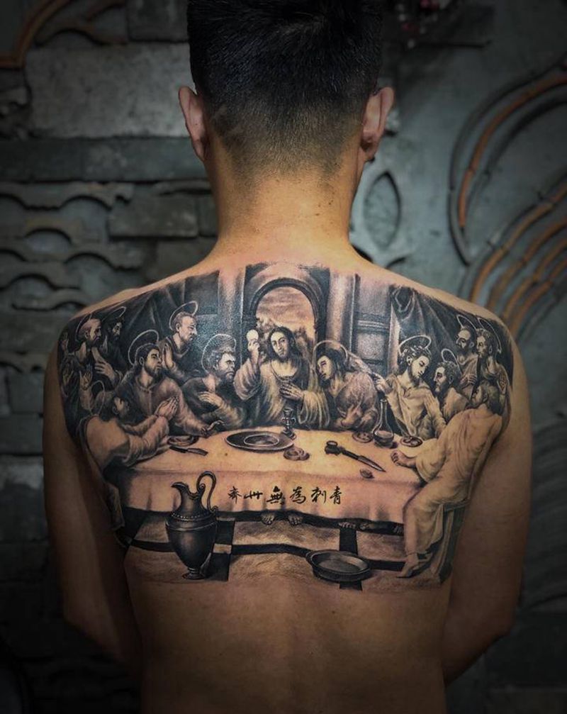 最后的晚餐纹身图片_背部欧美写实耶稣欧美写实宗教纹身图案