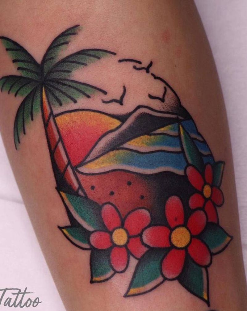 海滩纹身图片_手臂Old School纹身图案