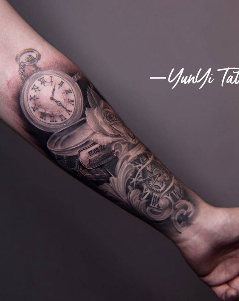 钟表纹身图片_手臂欧美写实纹身图案