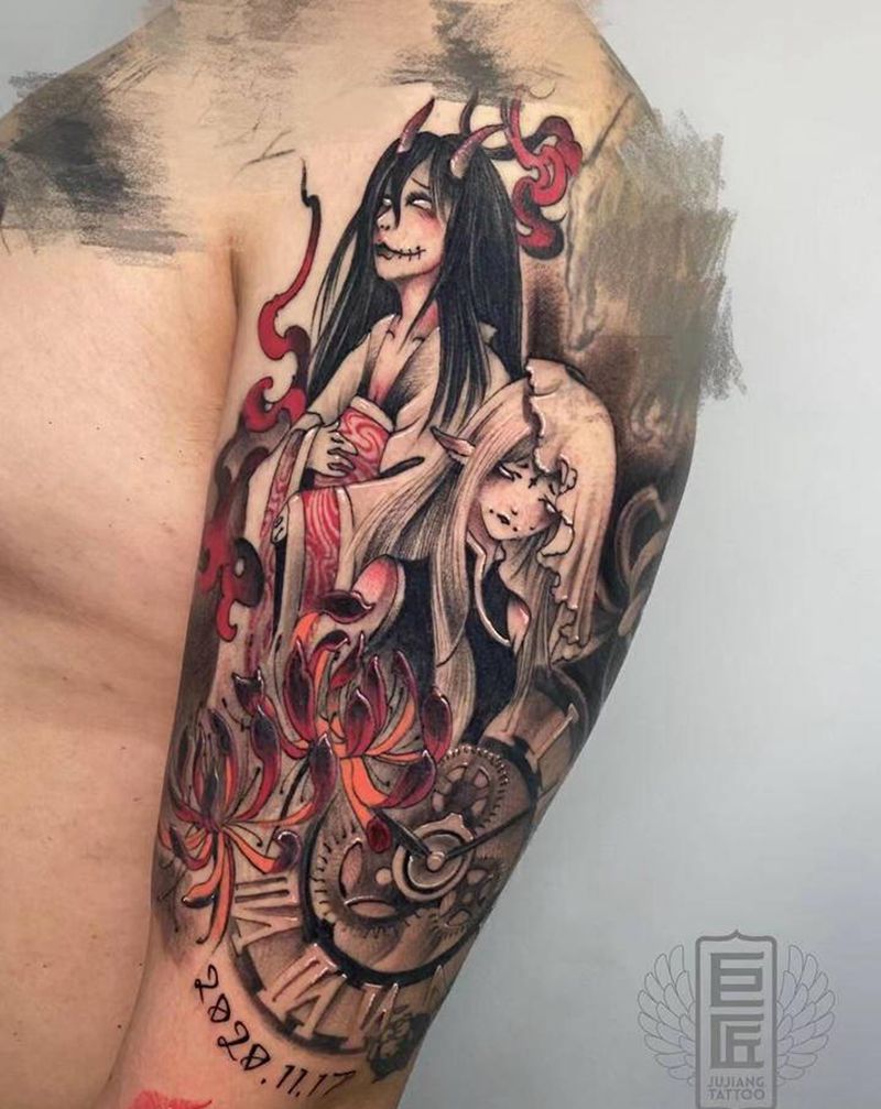 “善恶双子”纹身图片_手臂New School双子纹身图案