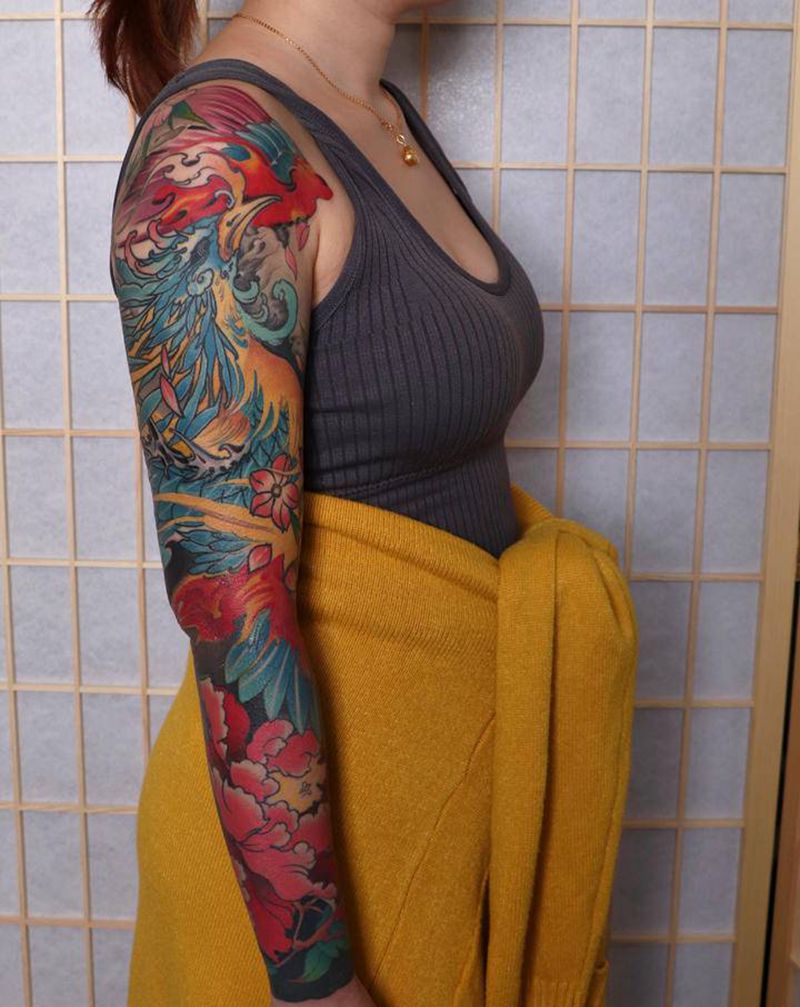 凤凰纹身图片_手臂新传统纹身图案