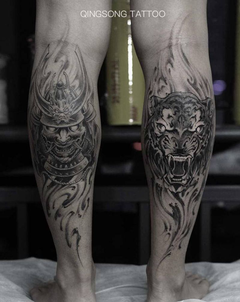武士老虎纹身图片_腿部新传统纹身图案