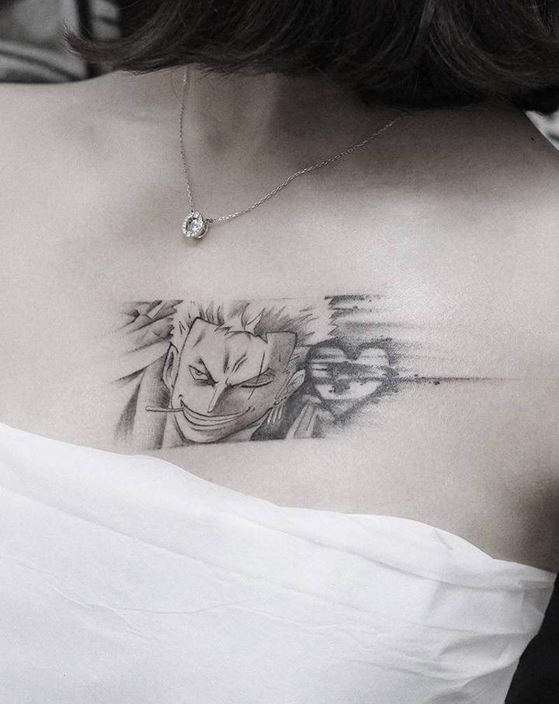 索隆纹身图片_胸部欧美写实水墨纹身图案