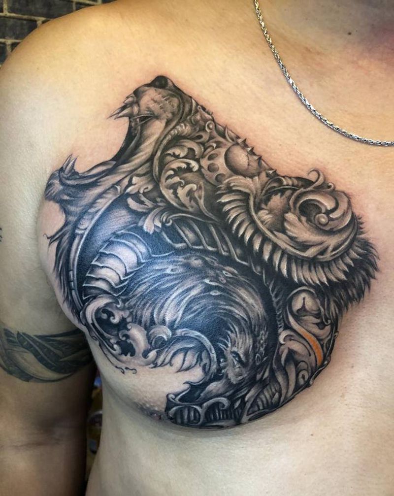 特别款虎头纹身图片_胸部纹身图案