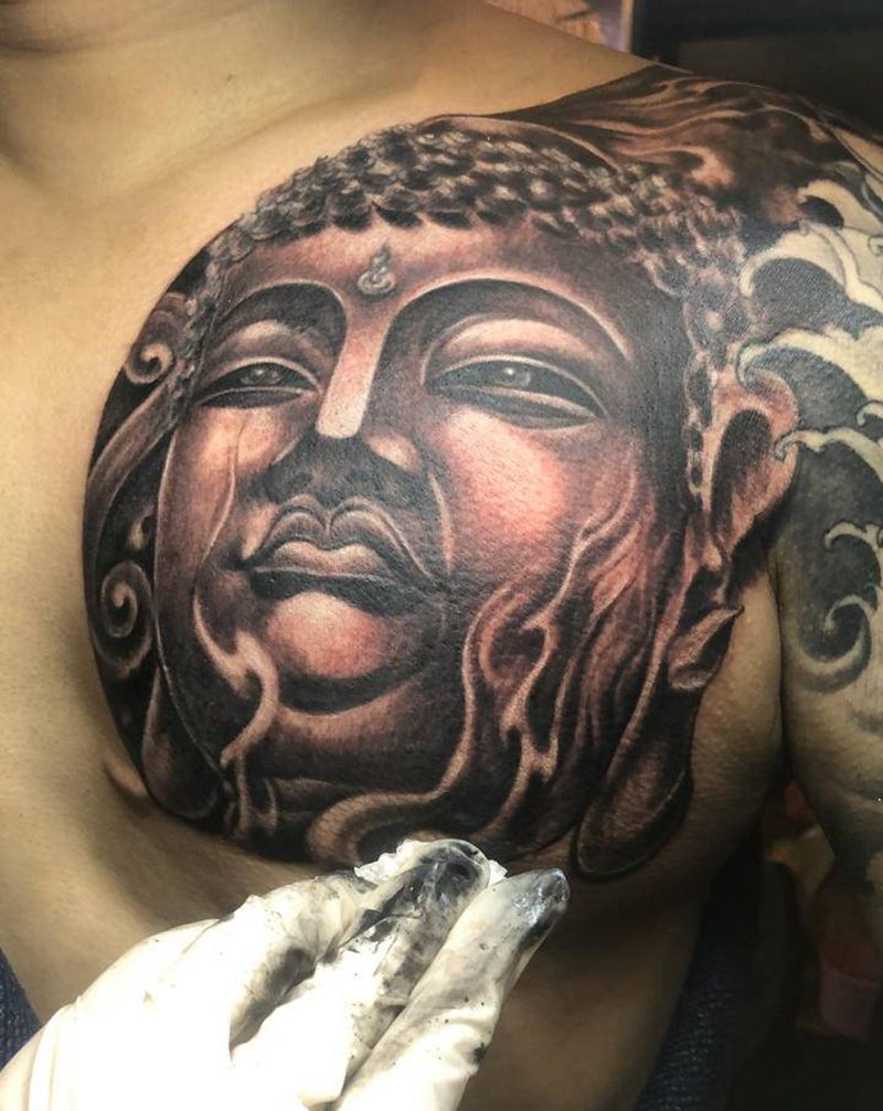 老佛头调整上色纹身图片_胸部纹身图案